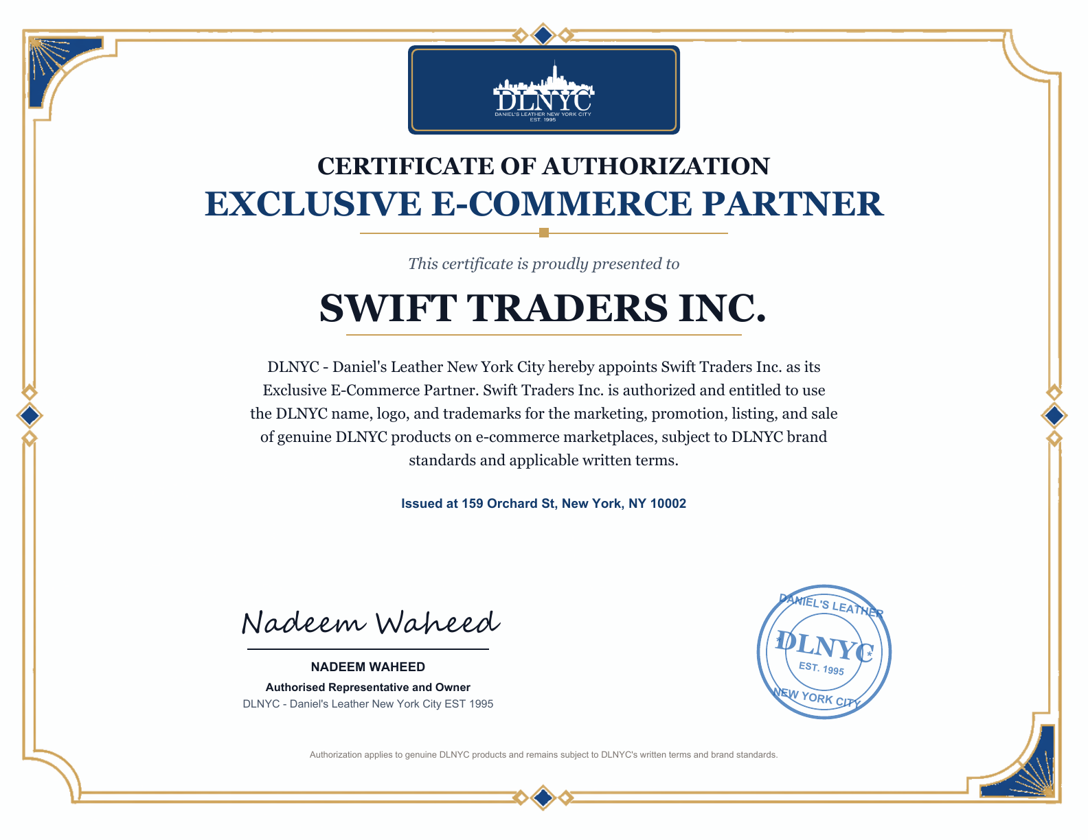 DLNYC certificate of authorization naming Swift Traders Inc. as Exclusive E-Commerce Partner, with Nadeem Waheed named as Authorised Representative and Owner.