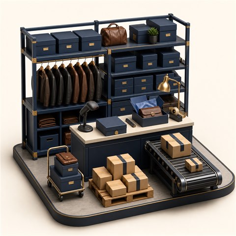 Organized leather-goods warehouse and fulfillment operation