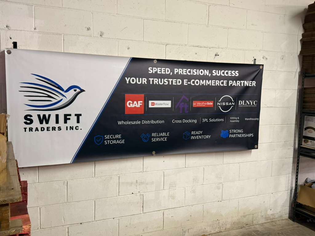 Company banner inside the warehouse